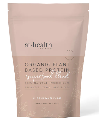 At Health Australia Organic Plant Based Vegan Protein + Superfood Blend Choc-Caramel Fudge 450g