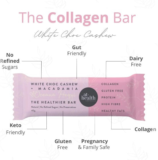 At Health Australia White Choc Cashew & Macadamia Collagen Vegan Protein Bar 12x Pack
