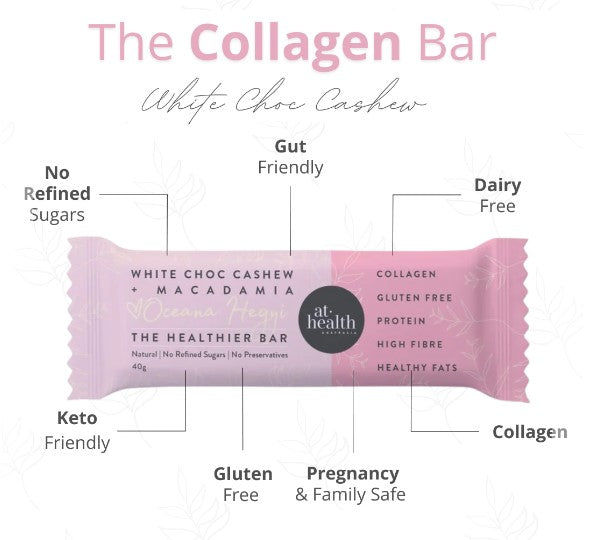 At Health Australia White Choc Cashew & Macadamia Collagen Vegan Protein Bar